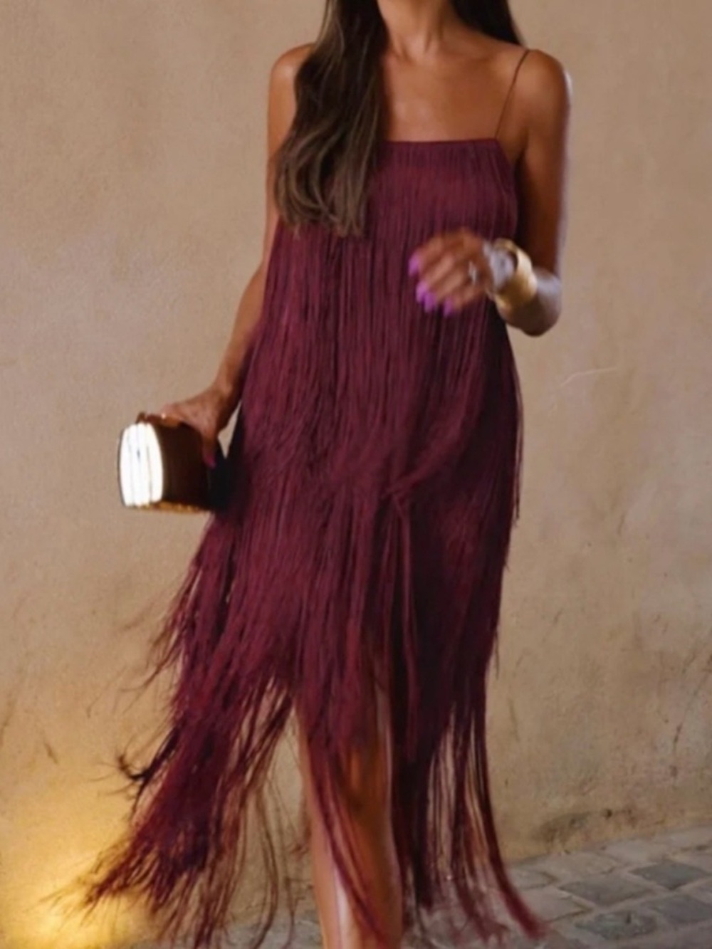Commense Fringe Slip Dress in Burgundy